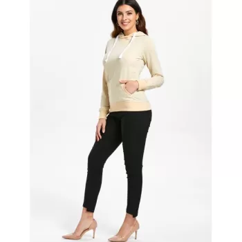 Simple ong Sleeve Hooded Pocket Design Women's Hoodie - Apricot