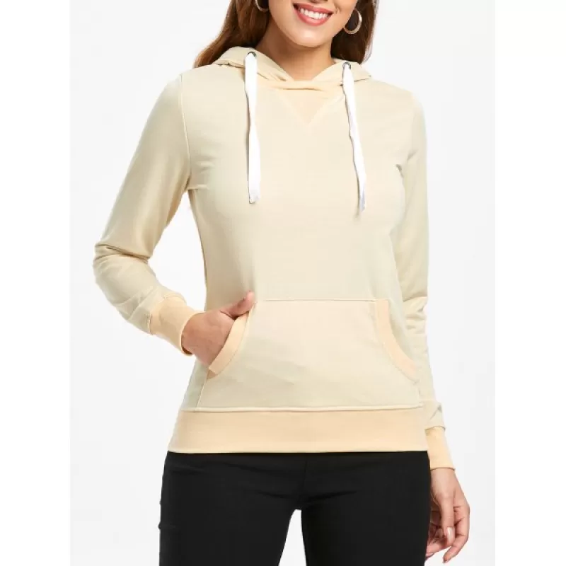 Simple ong Sleeve Hooded Pocket Design Women's Hoodie - Apricot