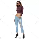 Simple Style Turtleneck Pure Color Women Crop Top - Wine Red