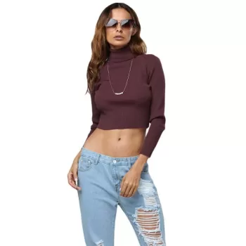 Simple Style Turtleneck Pure Color Women Crop Top - Wine Red