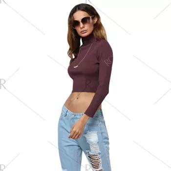 Simple Style Turtleneck Pure Color Women Crop Top - Wine Red