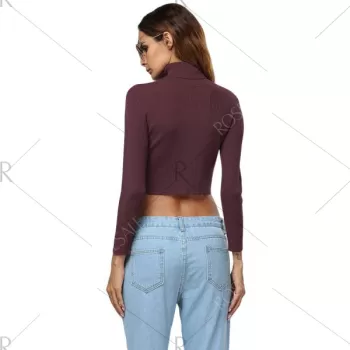 Simple Style Turtleneck Pure Color Women Crop Top - Wine Red