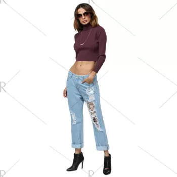 Simple Style Turtleneck Pure Color Women Crop Top - Wine Red