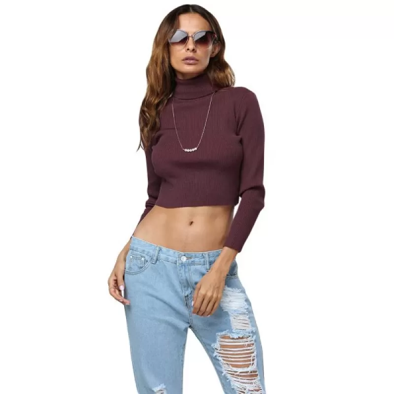 Simple Style Turtleneck Pure Color Women Crop Top - Wine Red