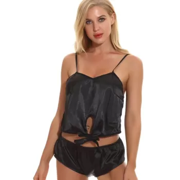 imulation ilk ling plit Babydoll Lingerie - Black