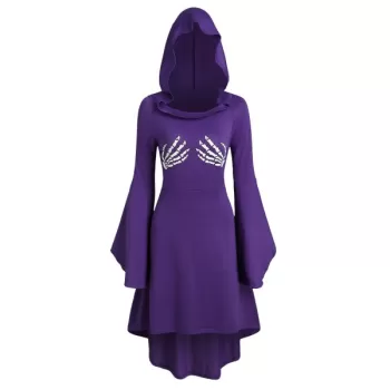 Skeleton Print Halloween Hooded High ow Dress - Purple