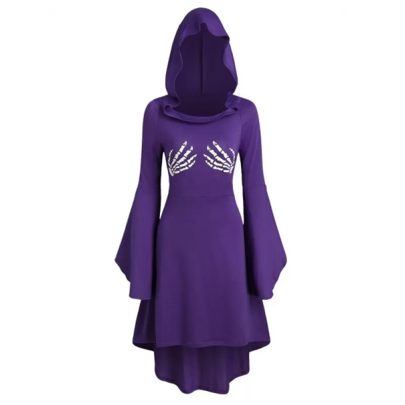 Skeleton Print Halloween Hooded High ow Dress - Purple