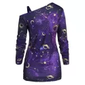 Skew Neck Halloween Star oon Printed Asymmetric Sweatshirt - Purple