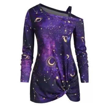 Skew Neck Halloween Star oon Printed Asymmetric Sweatshirt - Purple