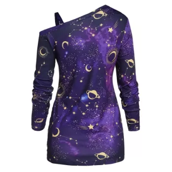Skew Neck Halloween Star oon Printed Asymmetric Sweatshirt - Purple