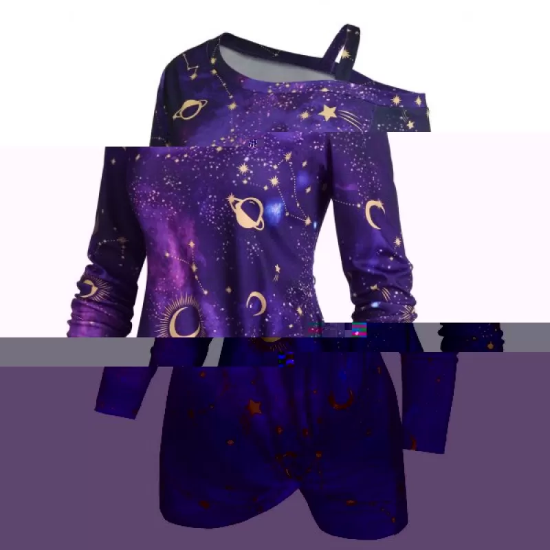 Skew Neck Halloween Star oon Printed Asymmetric Sweatshirt - Purple