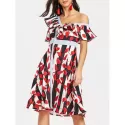 kew Neck Leaves Print triped Dress - Red