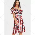 kew Neck Leaves Print triped Dress - Red