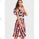 kew Neck Leaves Print triped Dress - Red