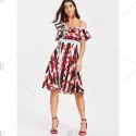 kew Neck Leaves Print triped Dress - Red