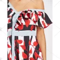 kew Neck Leaves Print triped Dress - Red