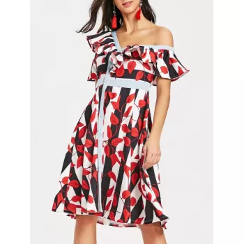 kew Neck Leaves Print triped Dress - Red
