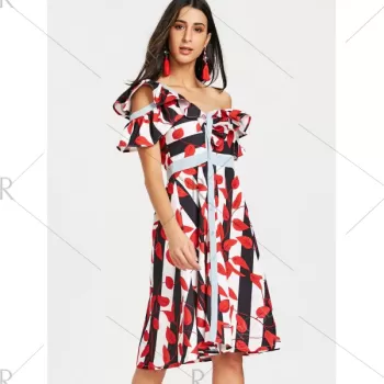 kew Neck Leaves Print triped Dress - Red