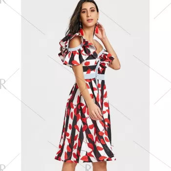 kew Neck Leaves Print triped Dress - Red