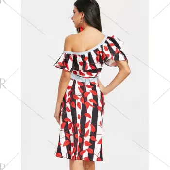 kew Neck Leaves Print triped Dress - Red