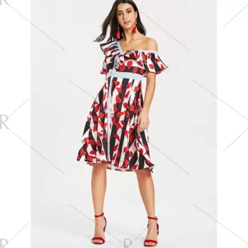 kew Neck Leaves Print triped Dress - Red