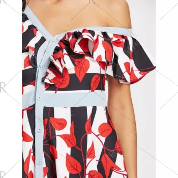 kew Neck Leaves Print triped Dress - Red