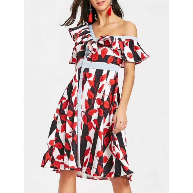 kew Neck Leaves Print triped Dress - Red