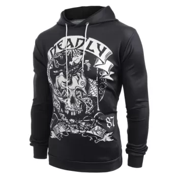 Skull Snake Print Pouch Pocket Pullover Hoodie -