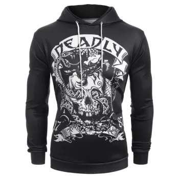Skull Snake Print Pouch Pocket Pullover Hoodie -