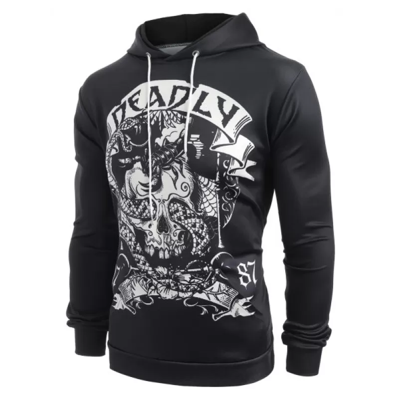 Skull Snake Print Pouch Pocket Pullover Hoodie -