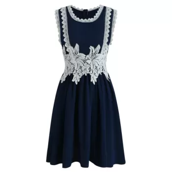 leeveless Applique A Line Dress - Navy Blue
