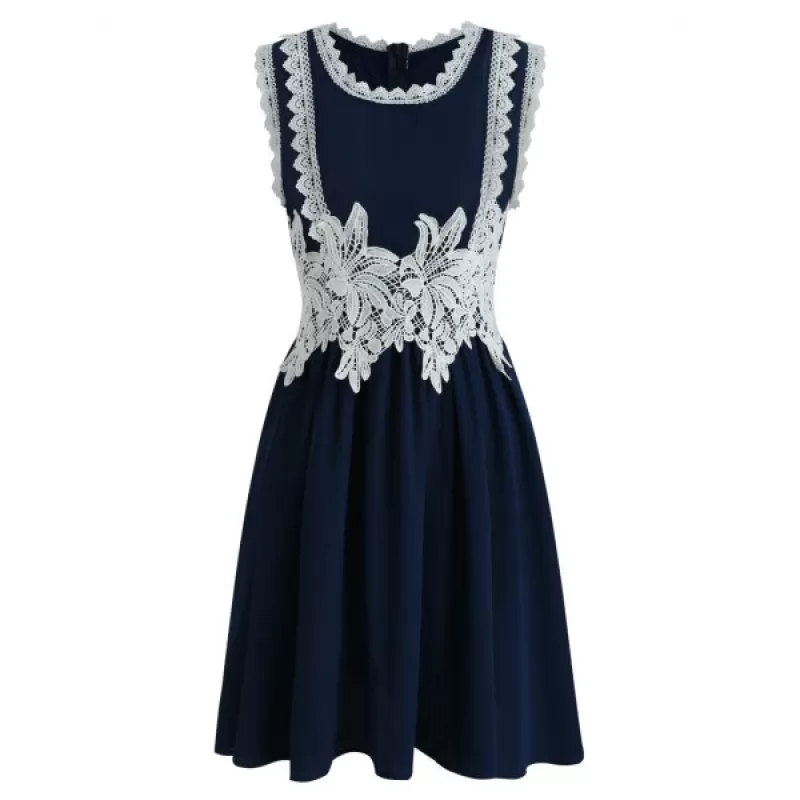 leeveless Applique A Line Dress - Navy Blue