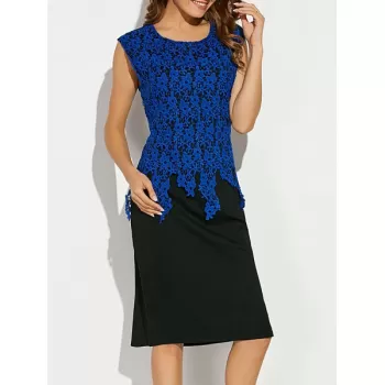 Sleeveless Lace Applique Fitted Dress - Blue