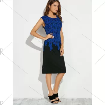 Sleeveless Lace Applique Fitted Dress - Blue