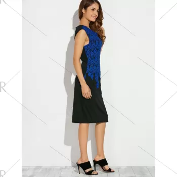 Sleeveless Lace Applique Fitted Dress - Blue
