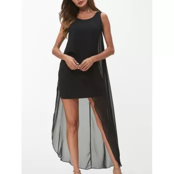 leeveless Round Neck Chiffon Dress - Black