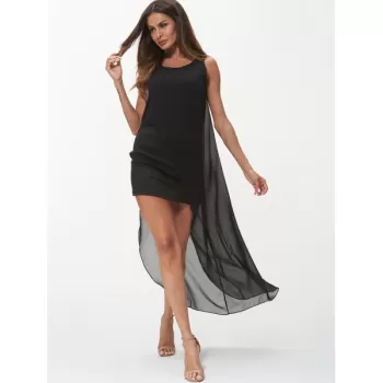 leeveless Round Neck Chiffon Dress - Black