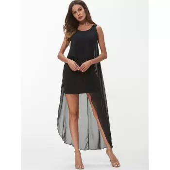 leeveless Round Neck Chiffon Dress - Black