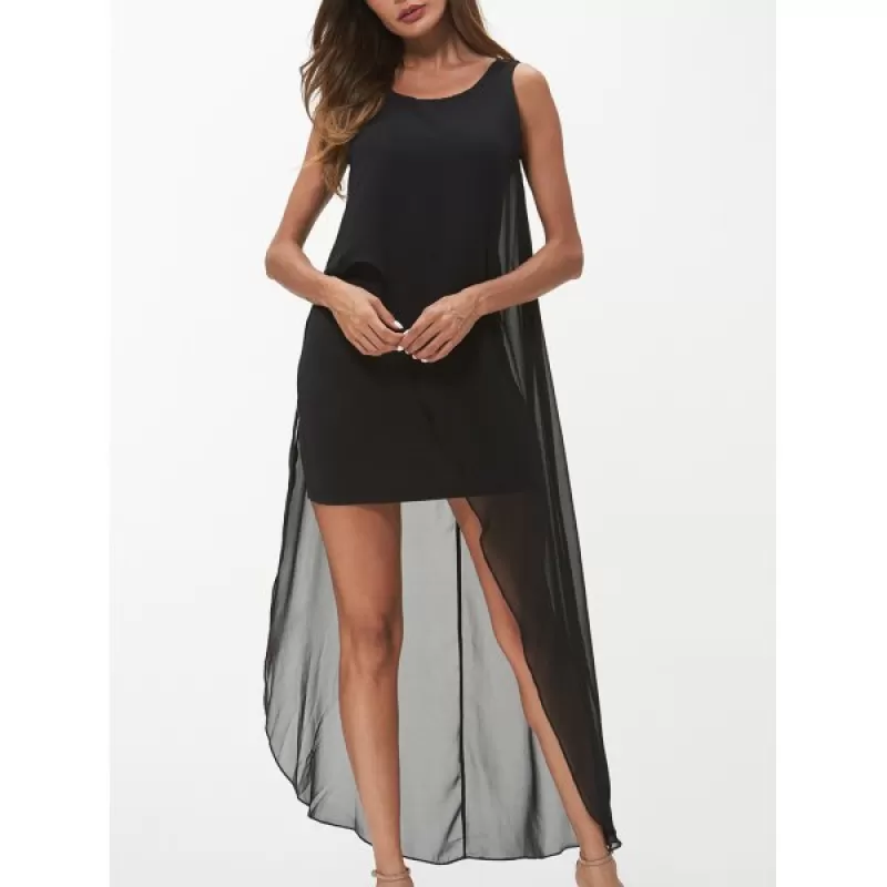 leeveless Round Neck Chiffon Dress - Black
