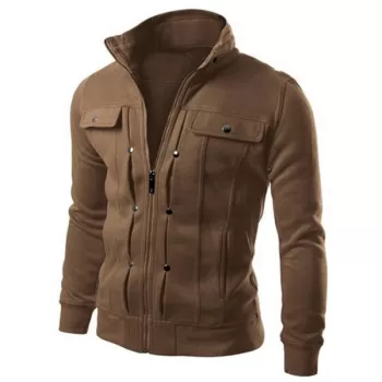 Slim Solid Color Pocket Men Jacket - Coffee