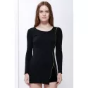 Slimming Zip Embellished Sexy Long Sleeves Dress For Women - Black One