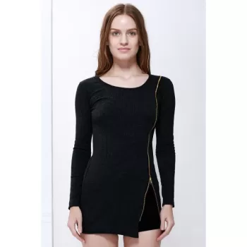 Slimming Zip Embellished Sexy Long Sleeves Dress For Women - Black One