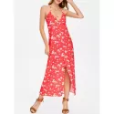 Slit Floral Print Maxi Dress - Fire Engine Red