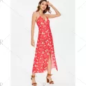 Slit Floral Print Maxi Dress - Fire Engine Red