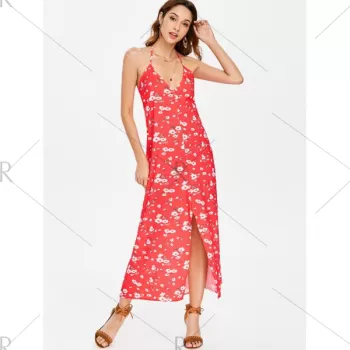 Slit Floral Print Maxi Dress - Fire Engine Red