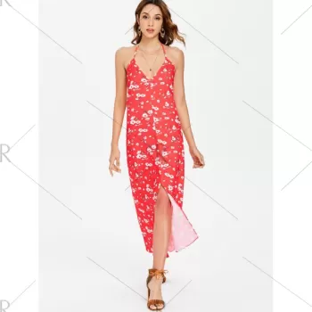 Slit Floral Print Maxi Dress - Fire Engine Red