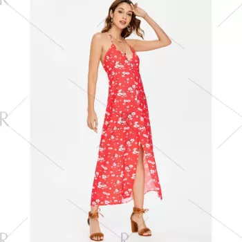 Slit Floral Print Maxi Dress - Fire Engine Red