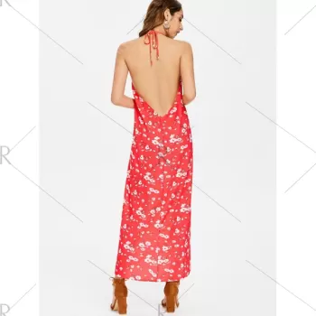 Slit Floral Print Maxi Dress - Fire Engine Red