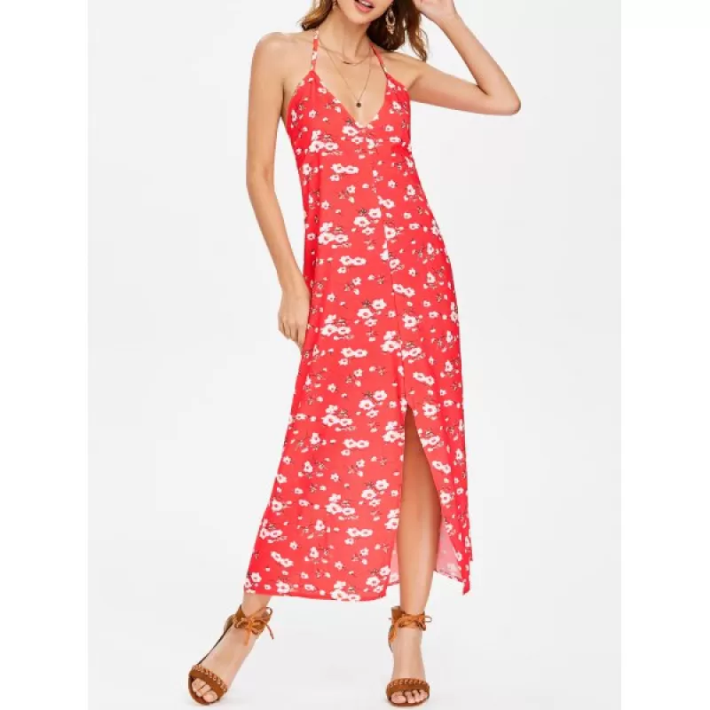 Slit Floral Print Maxi Dress - Fire Engine Red