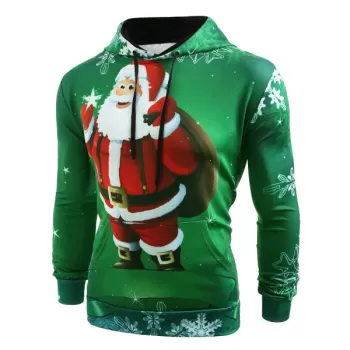 Smiling Santa Claus Print Christmas Hoodie - edium Spring Green